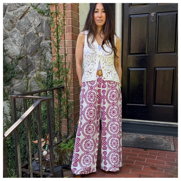 MADE IN ITALY Fabulous Lightweight patterned linen effect pants with belt - Picture 2 of 5